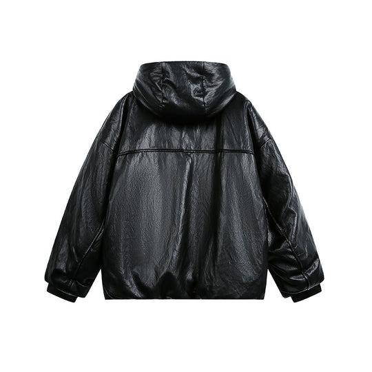 Herren Übergroße Kunstlederjacke mit Kapuze und Reißverschluss Shop Nory