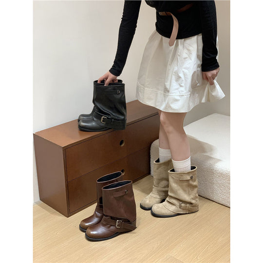 Damen Slouchy Bikerstiefeletten mit verstellbarem Schnallenriemen und runder Zehenform Shop Nory