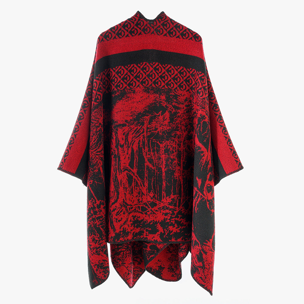 Damen Jacquard-Strickcape mit Stehkragen und grafischem Waldmotiv Shop Nory