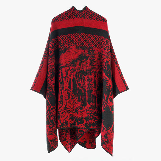 Damen Jacquard-Strickcape mit Stehkragen und grafischem Waldmotiv Shop Nory