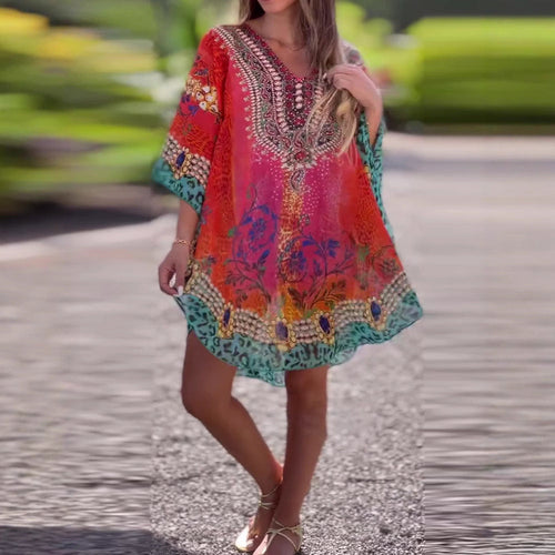 Damen Strandkleid Im Farbenfrohen Boho-Stil mit Verspieltem Design und Tiefem V-Ausschnitt