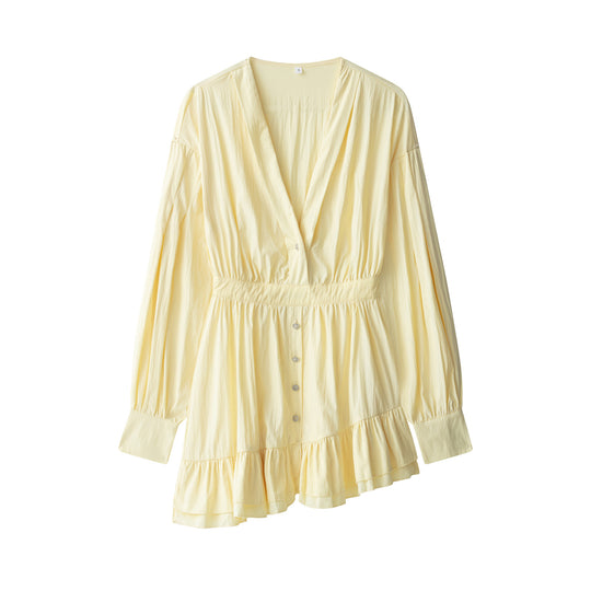 Damen Langes Tunika‑Kleid mit tiefem V‑Ausschnitt, tailliertem Riegel und Stufenvolant Shop Nory