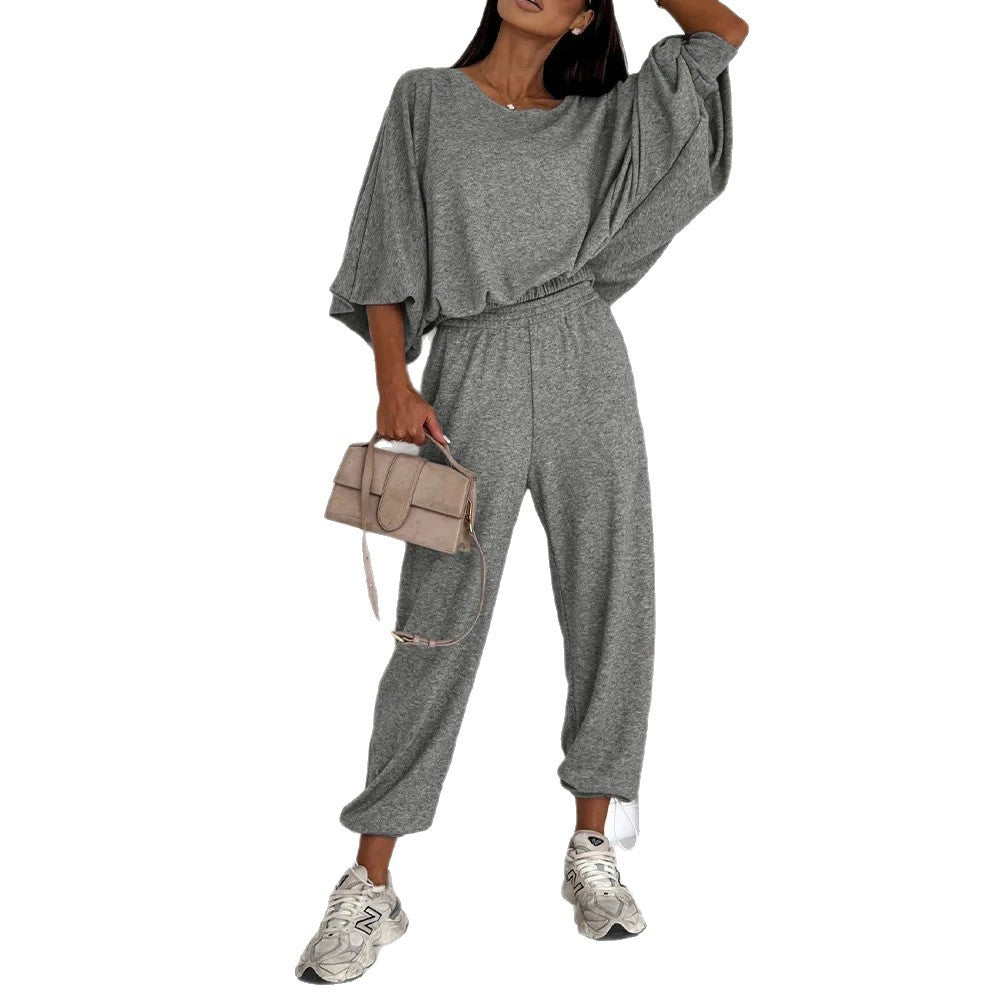 Damen Lässiges Strick-Lounge-Set mit Fledermausärmeln und High-Waist-Joggpants Shop Nory
