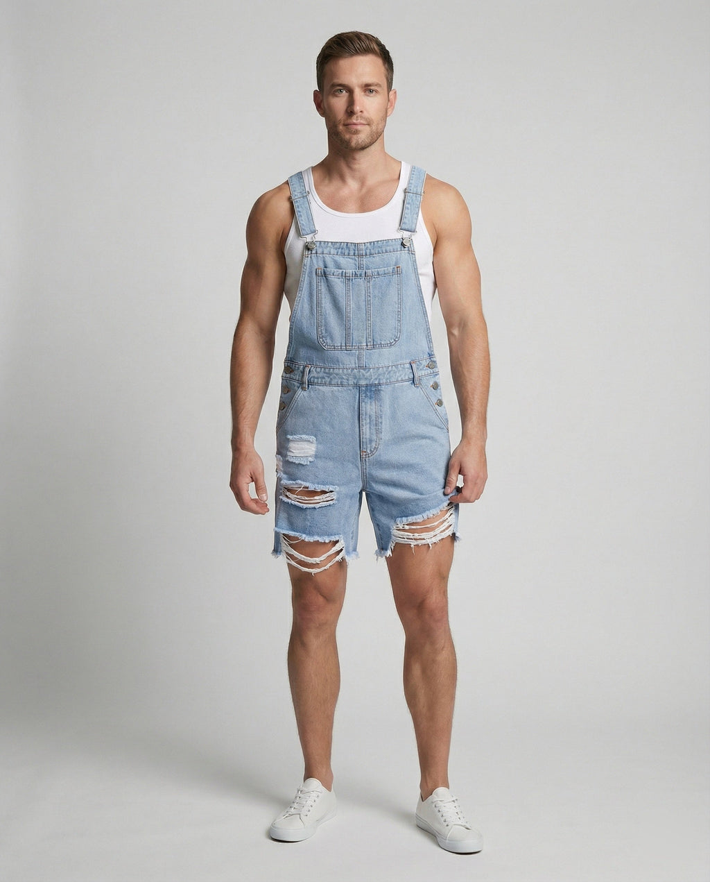 Herren Destroyed Denim Latzshorts