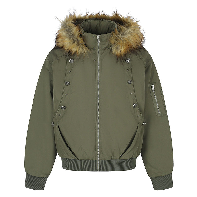 Damen Kurz geschnittene Bomberjacke mit Kunstfellkapuze und Ösenapplikation Shop Nory
