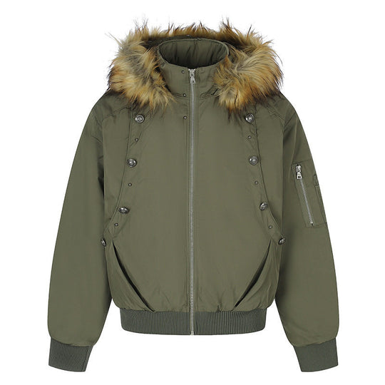 Damen Kurz geschnittene Bomberjacke mit Kunstfellkapuze und Ösenapplikation Shop Nory