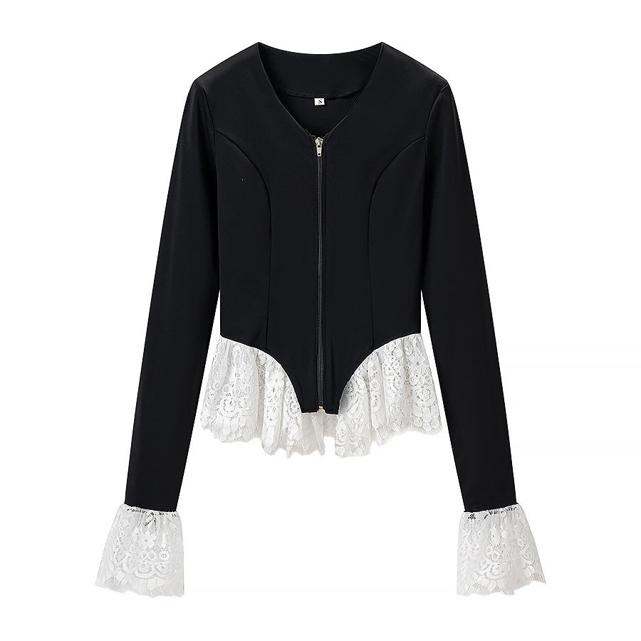 Damen Taillierte Zip‑Jacke mit Spitzenvolant am Saum und Ärmelabschluss Shop Nory