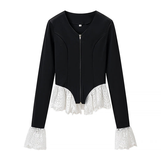 Damen Taillierte Zip‑Jacke mit Spitzenvolant am Saum und Ärmelabschluss Shop Nory
