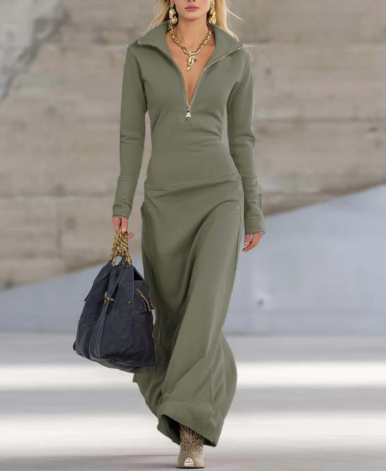 Damen Elegantes Jersey-Maxi-Kleid mit Halbzip-Kragen, taillierter Silhouette und fließendem Rock Shop Nory