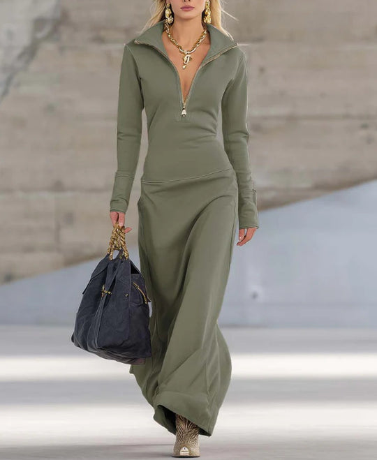 Damen Elegantes Jersey-Maxi-Kleid mit Halbzip-Kragen, taillierter Silhouette und fließendem Rock Shop Nory