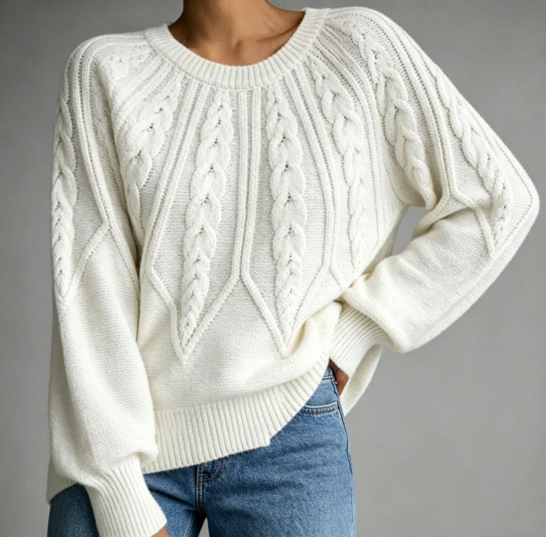 Damen kurzgeschnitteter Grobstrick-Zopfpullover mit Ballonärmeln Shop Nory