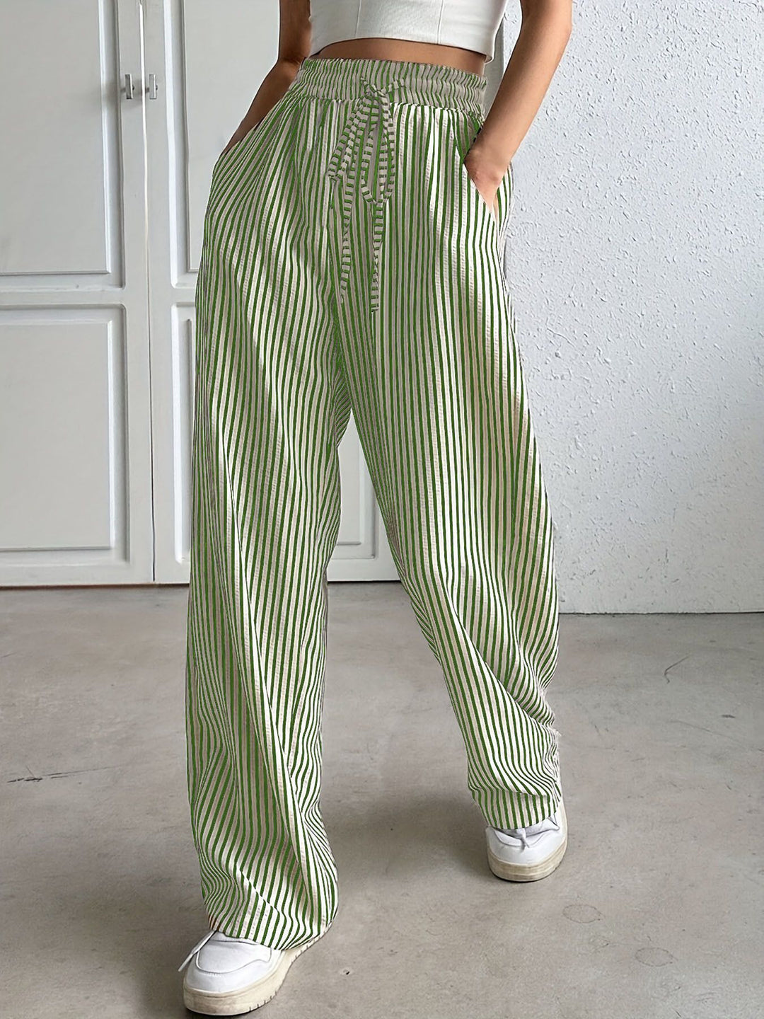 Damen Marlene-Streifenhose aus Leinenmix mit weitem Bein, Elastikbund und Kordelzug Shop Nory