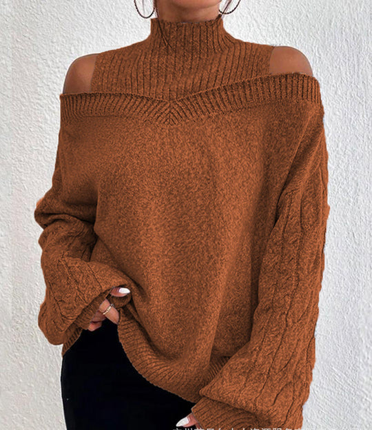 Damen nan schulterfreier Strickpullover mit Stehkragen und Zopfmusterärmeln Shop Nory
