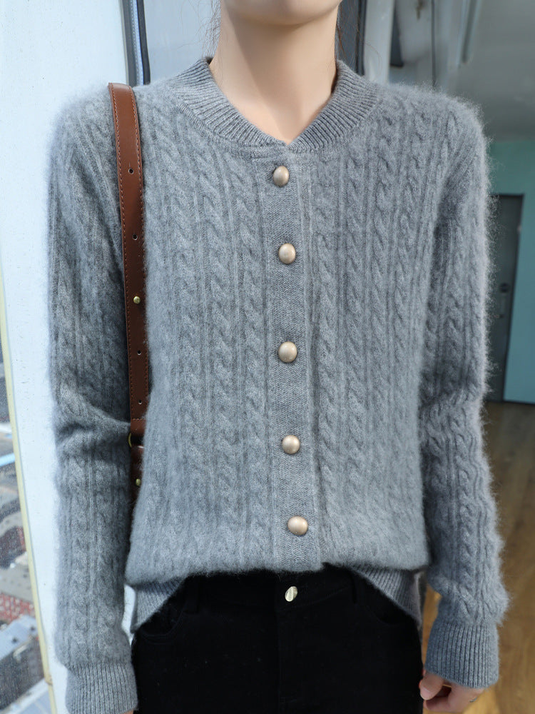 Damen Leichter Zopfstrick-Cardigan in Mohair‑Optik mit dekorativen Perlmuttknöpfen Shop Nory