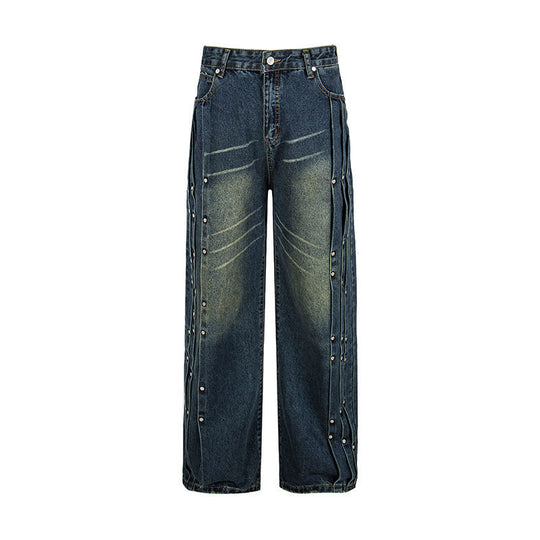 Damen Weite Denim-Jeans mit Druckknopf-Seitenleisten, hoher Taille und Used-Waschung Shop Nory