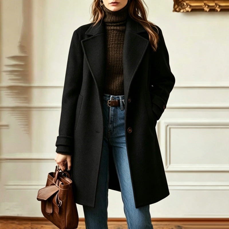Damen Eleganter Wollmantel mit tailliertem Schnitt und Reverskragen Shop Nory