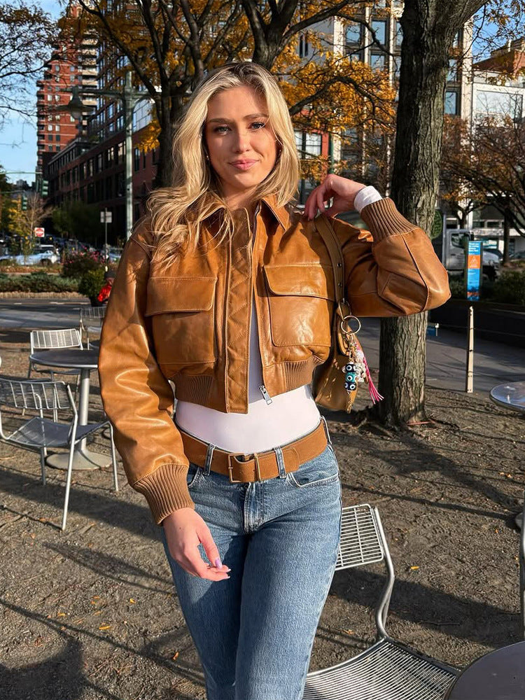 Damen Kurze Lederoptik-Blousonjacke mit großen Pattentaschen und geripptem Bund Shop Nory