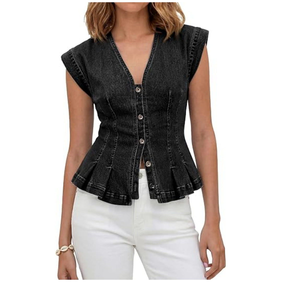 Damen Tailliertes Jeans-Top mit Schößchen und Knopfleiste Shop Nory