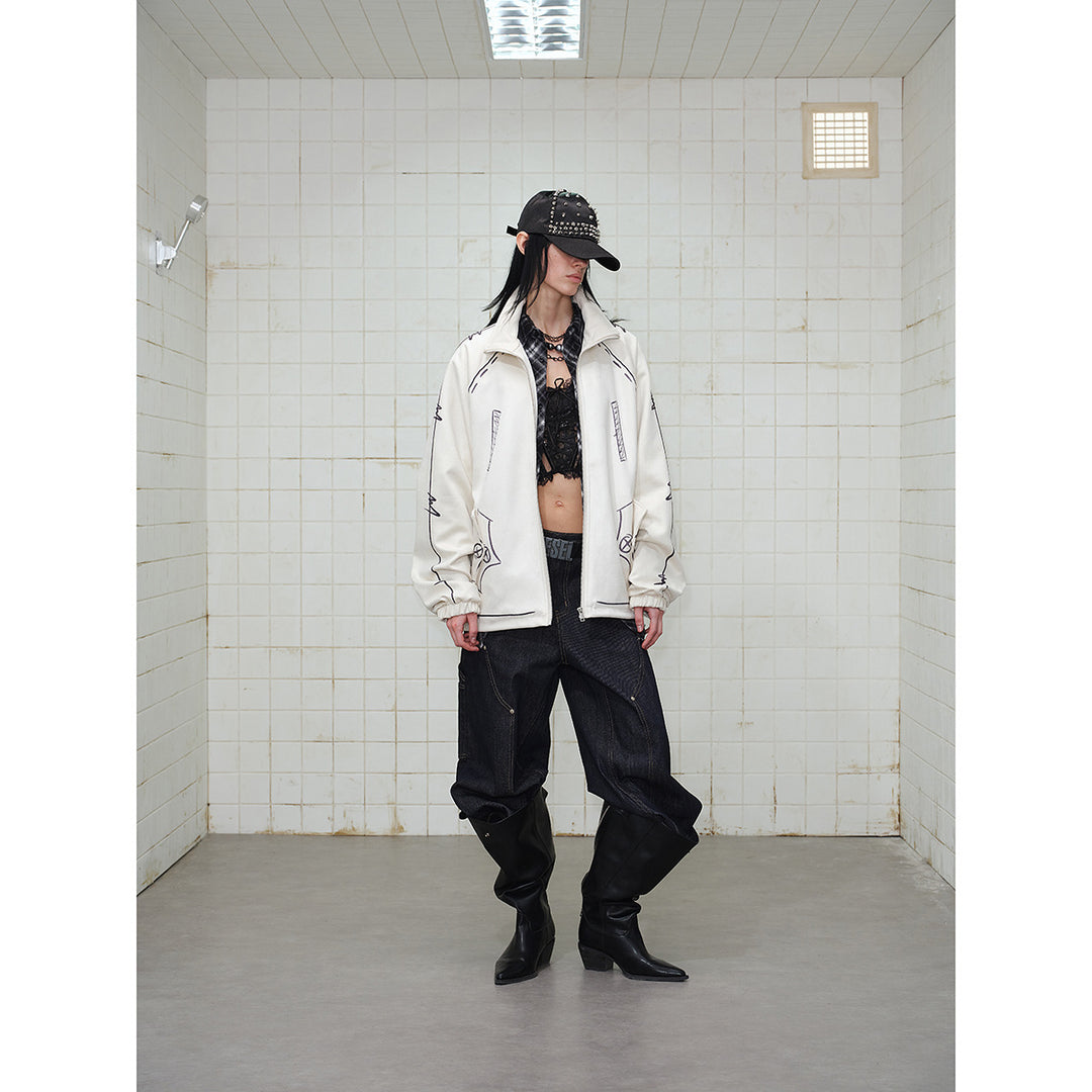 Unisex Oversize Fleecejacke mit Stehkragen und grafischem Skizzenprint Shop Nory