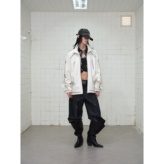 Unisex Oversize Fleecejacke mit Stehkragen und grafischem Skizzenprint Shop Nory