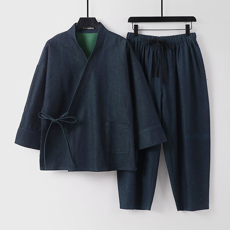 Unisex Lässiges Denim-Kimono-Set mit kurzarm Jacke, Bindeband und elastischer Bundhose Shop Nory