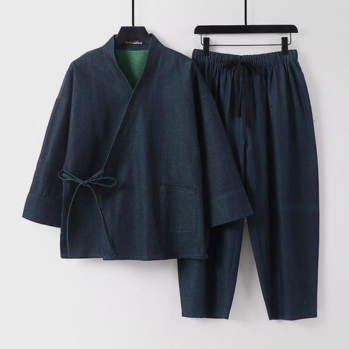 Unisex Lässiges Denim-Kimono-Set mit kurzarm Jacke, Bindeband und elastischer Bundhose Shop Nory