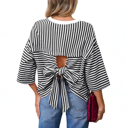 Damen Gestreiftes Oversize-Shirt mit Rückenausschnitt und Schleifenbindung Shop Nory