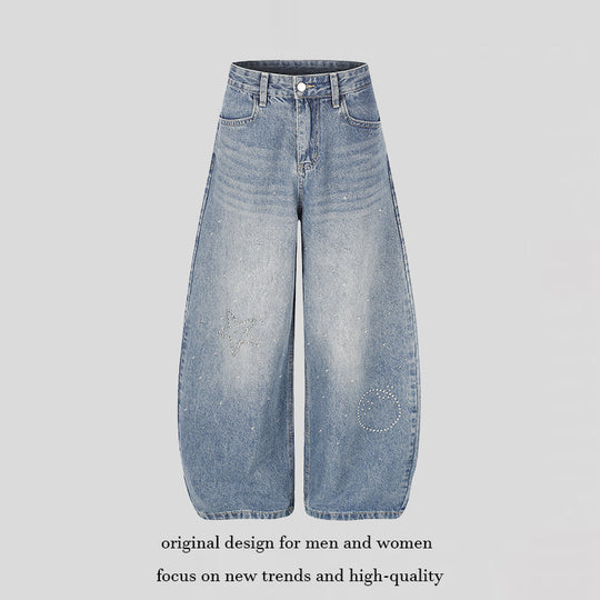 Damen Extraweite High-Waist Denim-Culotte mit Palazzoschnitt und Stern‑Nietenverzierung Shop Nory