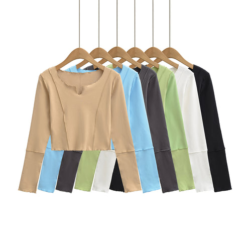 Damen Kurzes Langarmshirt mit sichtbaren Rollnähten und Notch-Ausschnitt Shop Nory