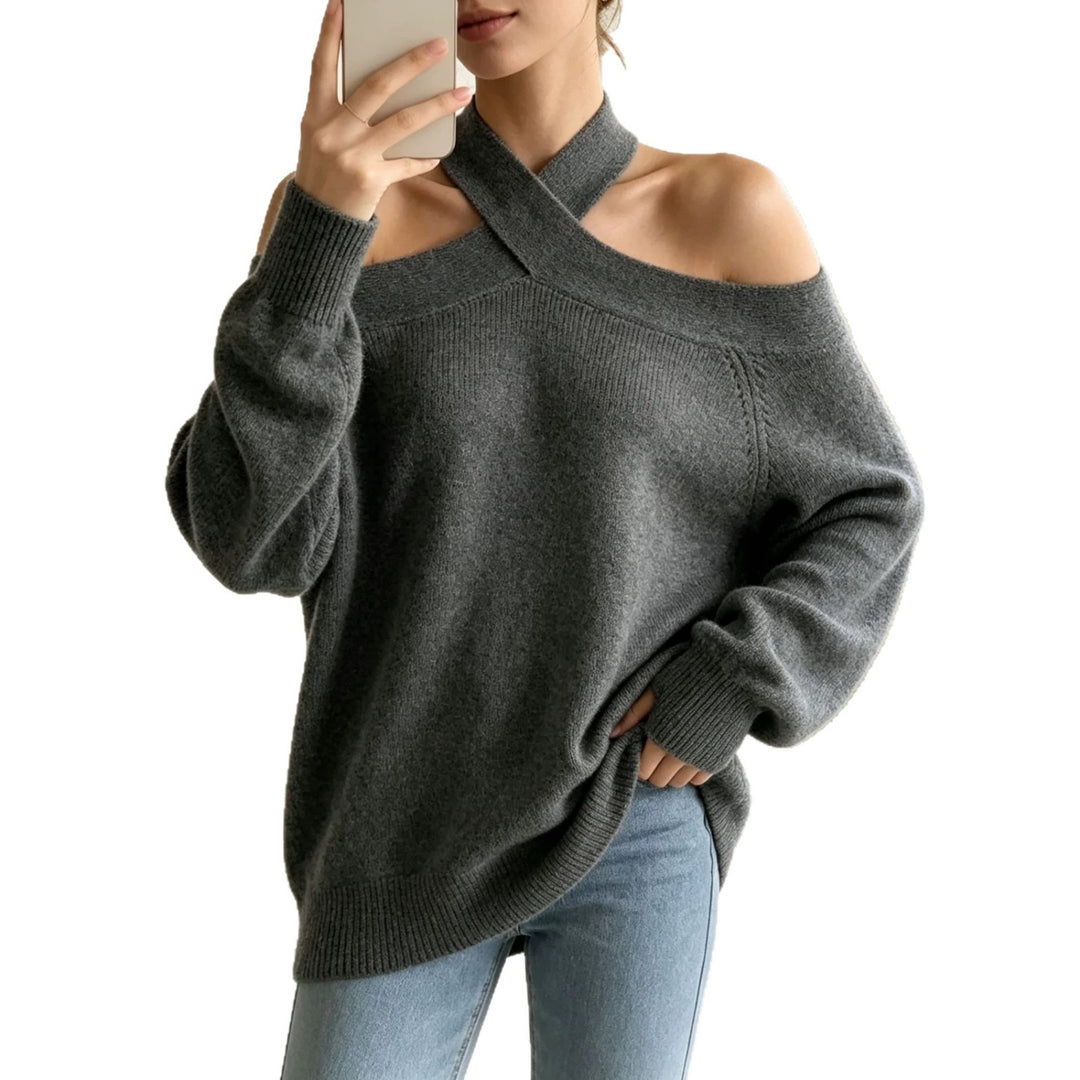Damen Grobgestrickter schulterfreier Pullover mit überkreuztem Neckholder Shop Nory