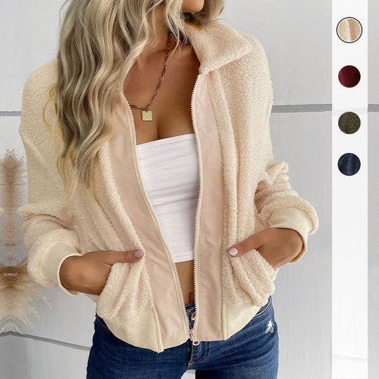 Damen Teddyjacke mit Reißverschluss, Stehkragen und Rippbündchen Shop Nory