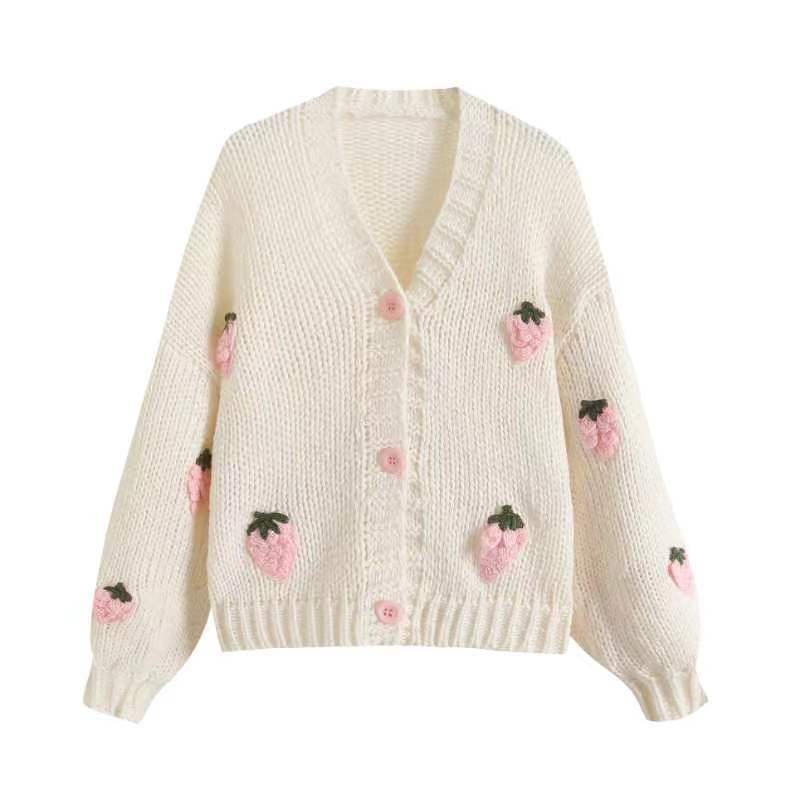 Damen Kurzcardigan mit Erdbeer-Applikationen und grobem Strick Shop Nory
