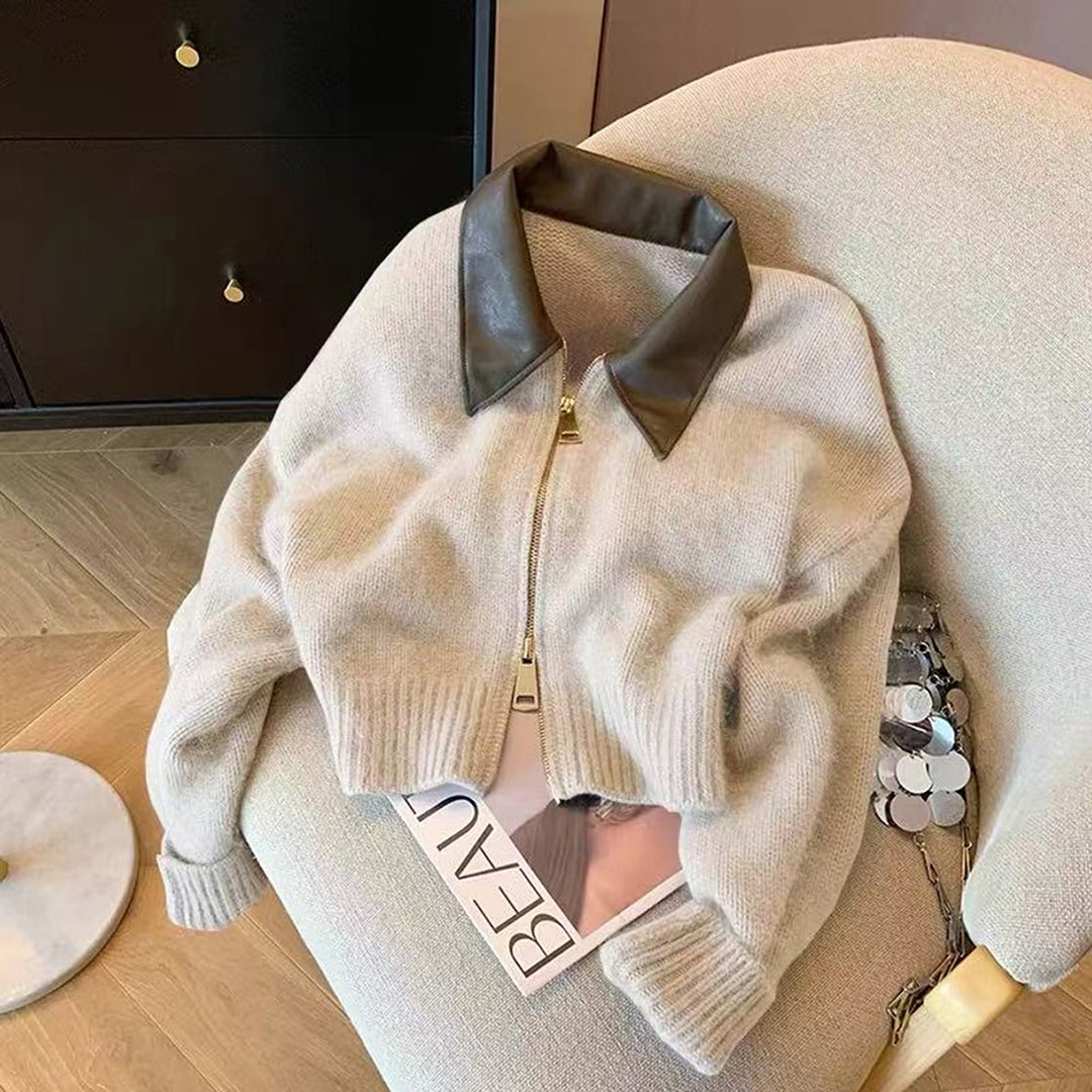 Damen nan kurz geschnittener Strickblouson mit Kunstlederkragen und goldfarbenem Metallreißverschluss Shop Nory