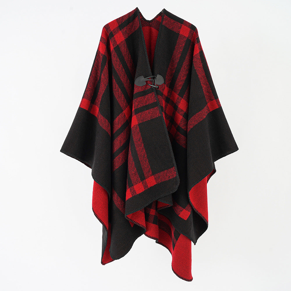 Damen Reversibler Wollmix-Poncho mit Knebelverschluss und Karomuster Shop Nory