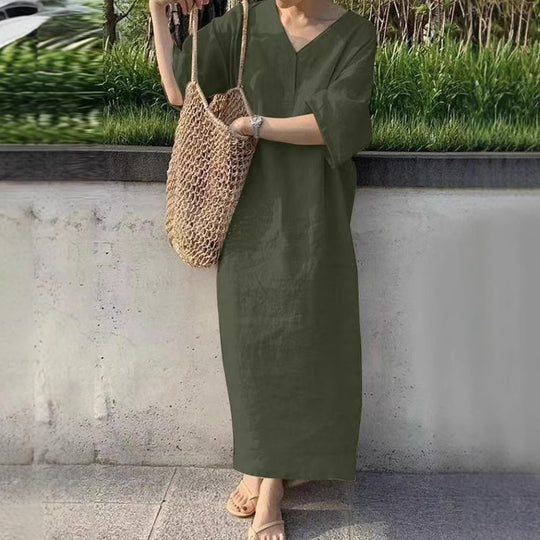 Damen Lässiges Leinen-Maxikleid mit V-Ausschnitt und Oversize-Relax-Fit Shop Nory