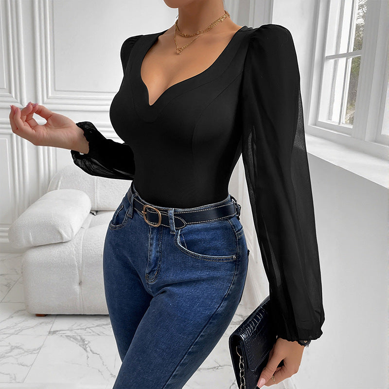 Damen Eleganter Bodys mit V-Ausschnitt und Puffärmeln Shop Nory