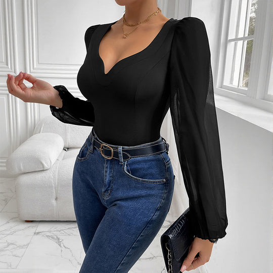Damen Eleganter Bodys mit V-Ausschnitt und Puffärmeln Shop Nory