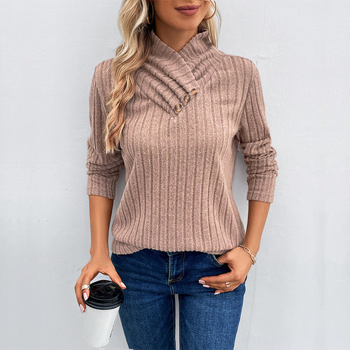 Damen Gerippter Feinstrickpullover mit überlappendem Stehkragen Shop Nory