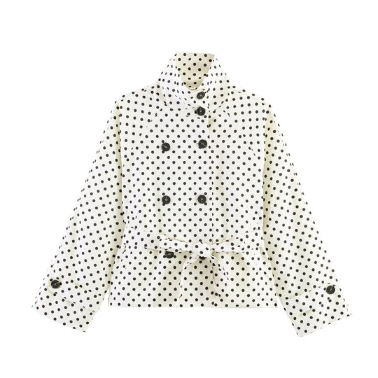 Damen Gekürzter gepunkteter Trenchcoat mit Stehkragen, Taillengürtel und Doppelknopfleiste Shop Nory