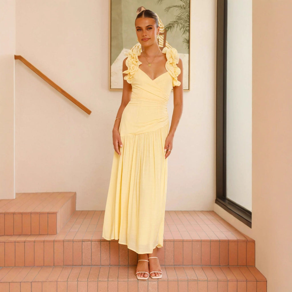 Damen Maxikleid mit eleganten Rüschen und figurbetontem Schnitt
