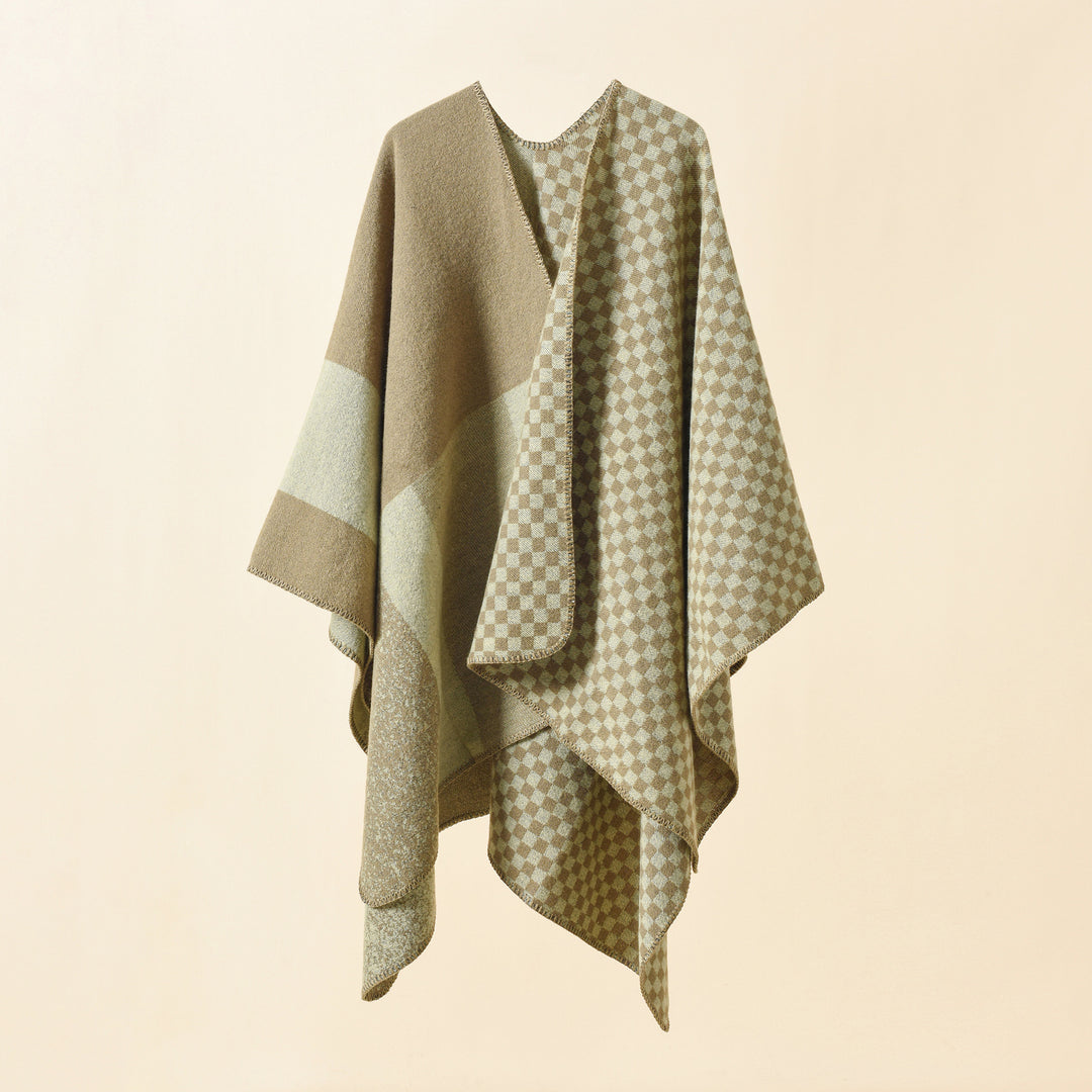 Damen Wendbarer Karomuster-Capeponcho aus Wollmix mit kastigem Oversize-Fall Shop Nory