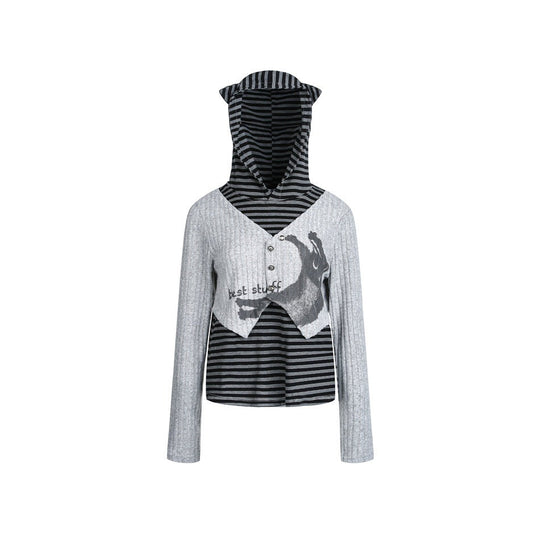 Damen Lagenlook-Kapuzenpullover mit gestreiftem Unterteil und kurzem Rippbolero Shop Nory