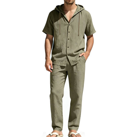 Herren nan luftiges Leinen-Lounge-Set mit kurzärmeligem Kapuzenhemd und gerader Relaxhose