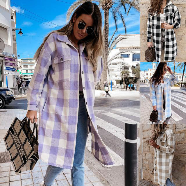 Damen Karierte Overshirtjacke mit Brusttaschen