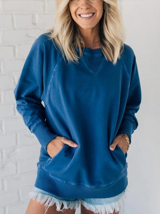 Damen Oversize Baumwoll-Sweatshirt mit V‑Stitch, Rippbündchen und Seitentaschen Shop Nory