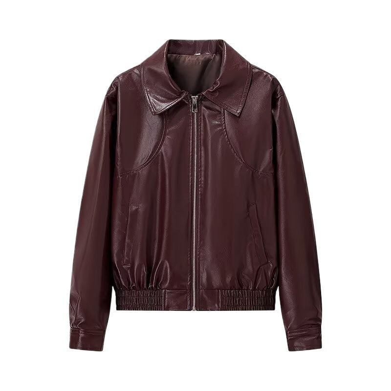 Damen Kurz geschnittene Lederoptik-Jacke mit betonten Schultern, Reißverschluss und Hemdkragen Shop Nory