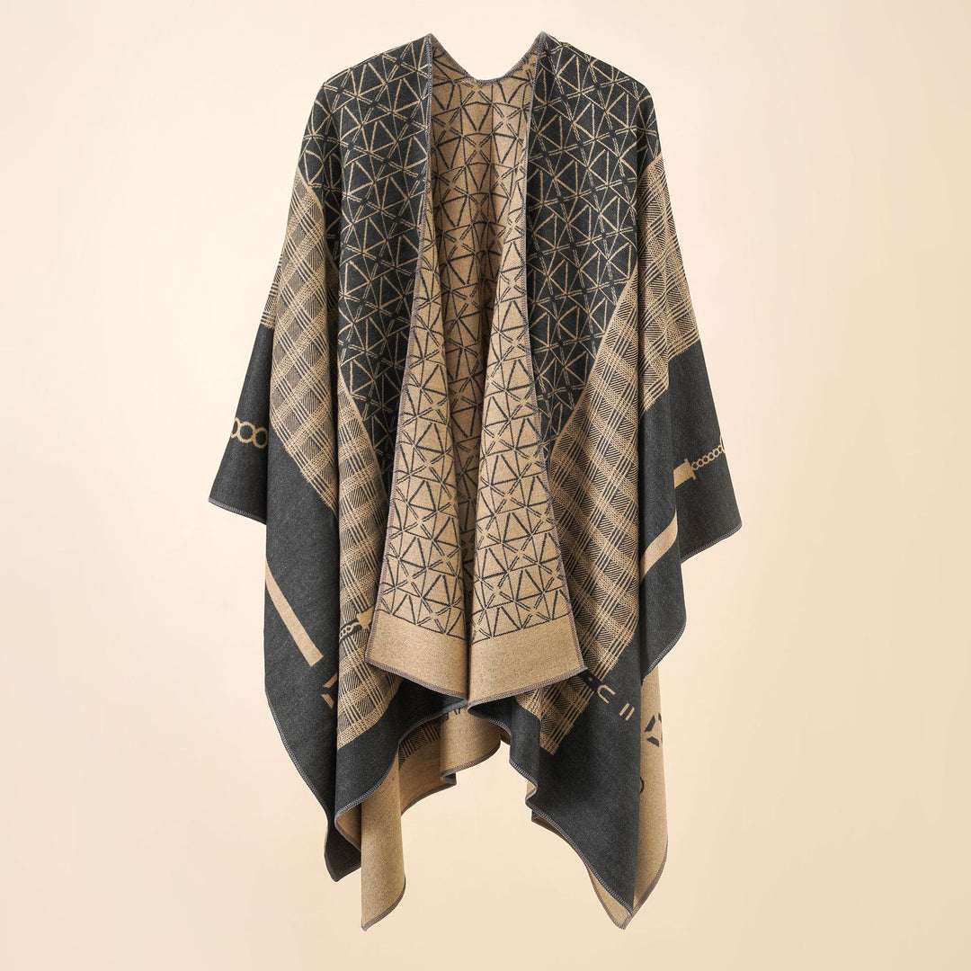 Damen Geometrisches Jacquard-Ruana-Cape aus Wollmix mit offener Kimono-Silhouette Shop Nory