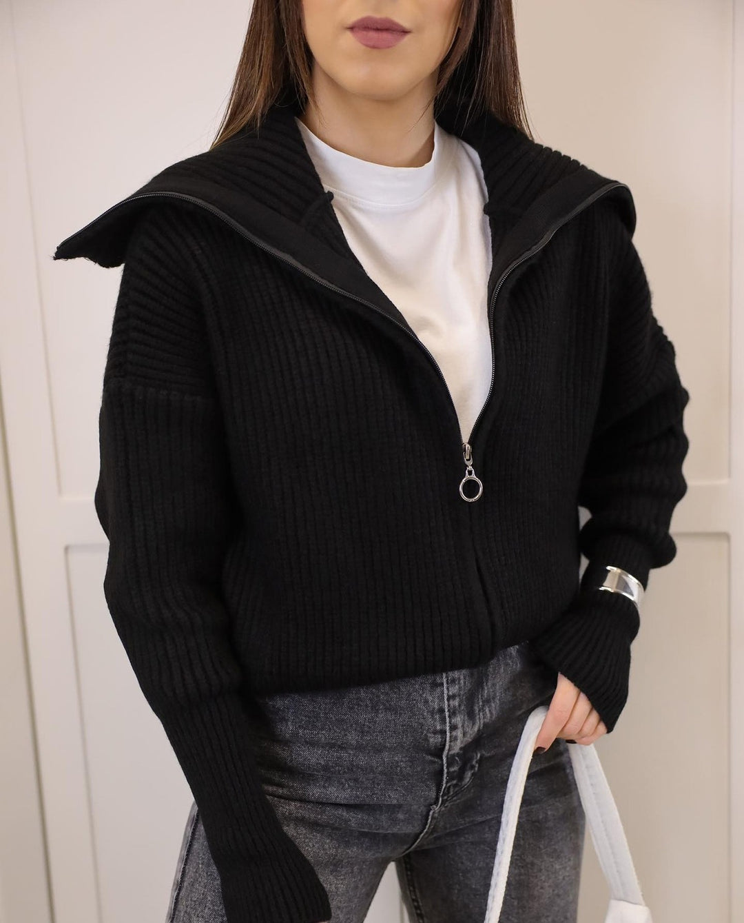 Damen Oversize Strickjacke mit Reißverschluss und hohem Kragen Shop Nory