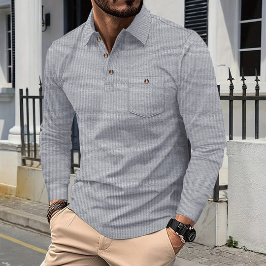 Herren nan strukturierter Langarm-Polo mit Brusttasche und Hemdkragen Shop Nory