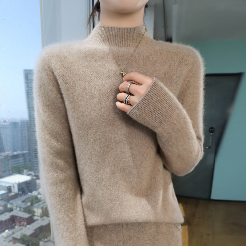 Damen Schlanker minimalistischer Stehkragen-Feinstrickpullover mit geripptem Hals Shop Nory